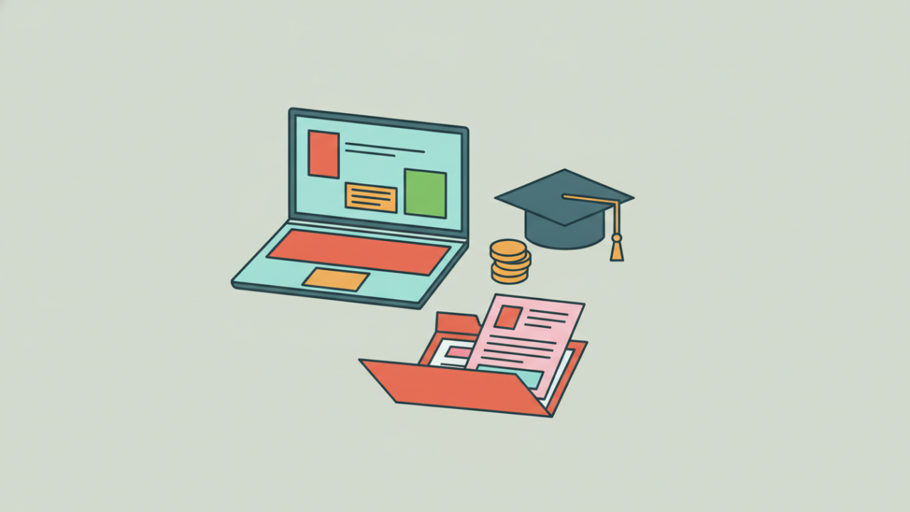Ordinateur, toque de diplôme et dossier de financement