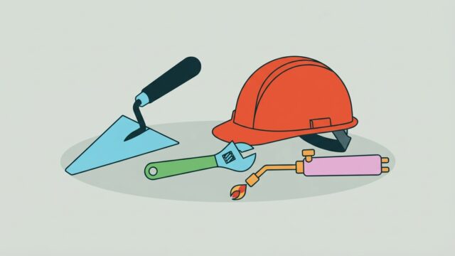 Truelle, clé à molette, casque de chantier et chalumeau