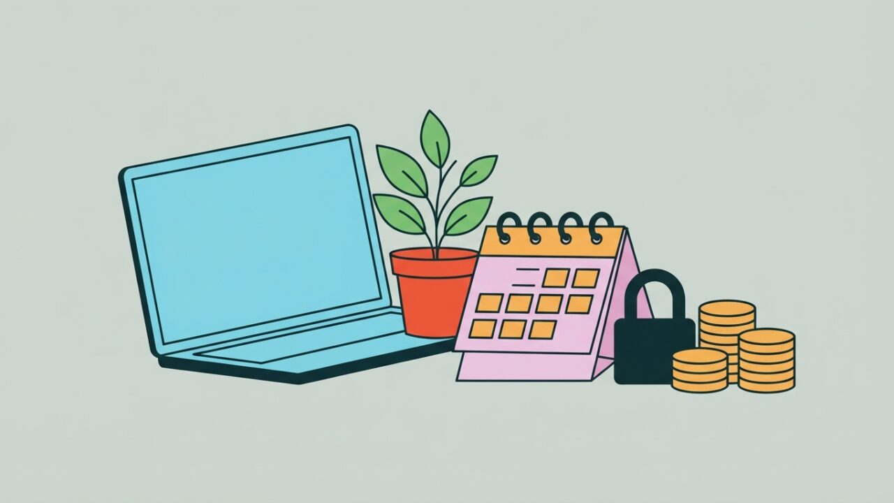 Ordinateur, calendrier et cadenas symbolisant l organisation d un solopreneur