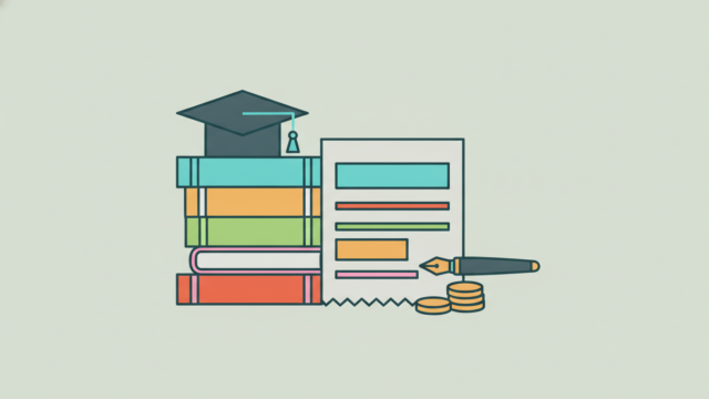 Livres, toque universitaire et feuille de paie