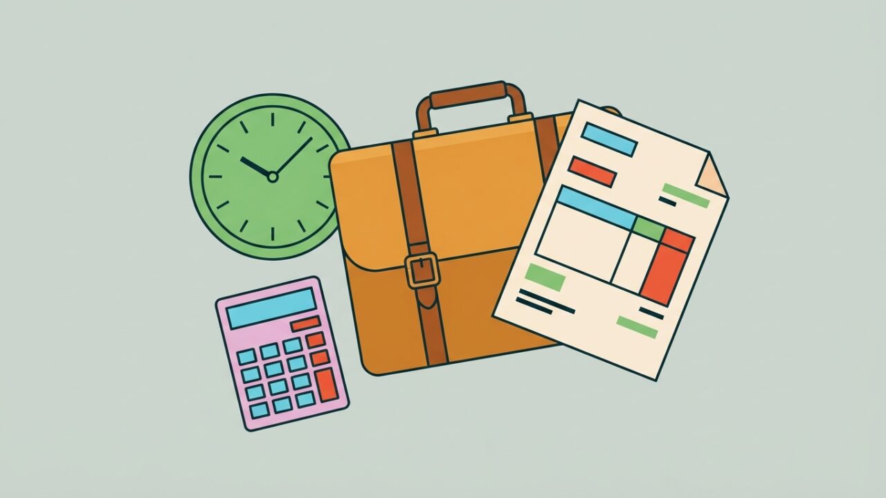 Mallette professionnelle, facture, horloge et calculatrice