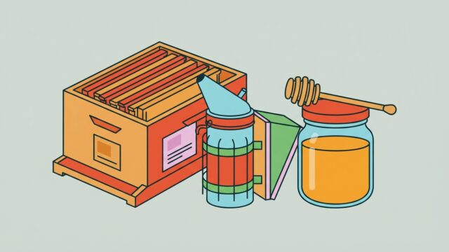 Ruche, enfumoir et pot de miel d'apiculteur