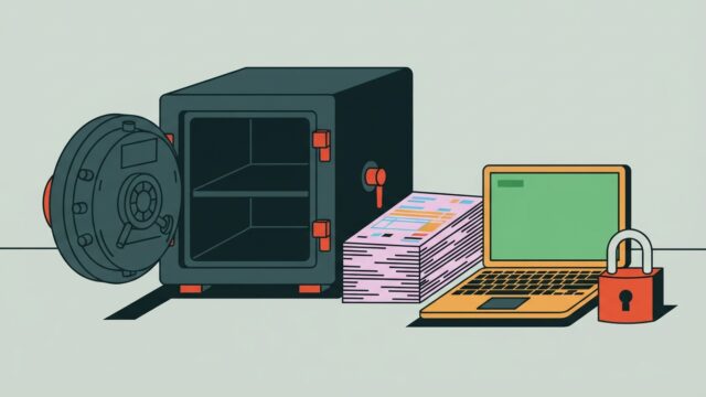 Coffre-fort ouvert avec bulletins de paie et ordinateur
