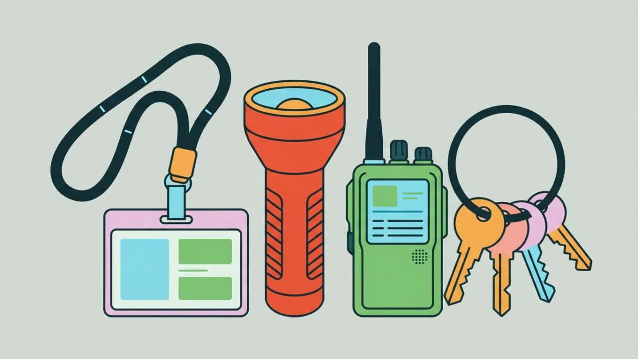 Badge, lampe et radio d'un agent de sécurité