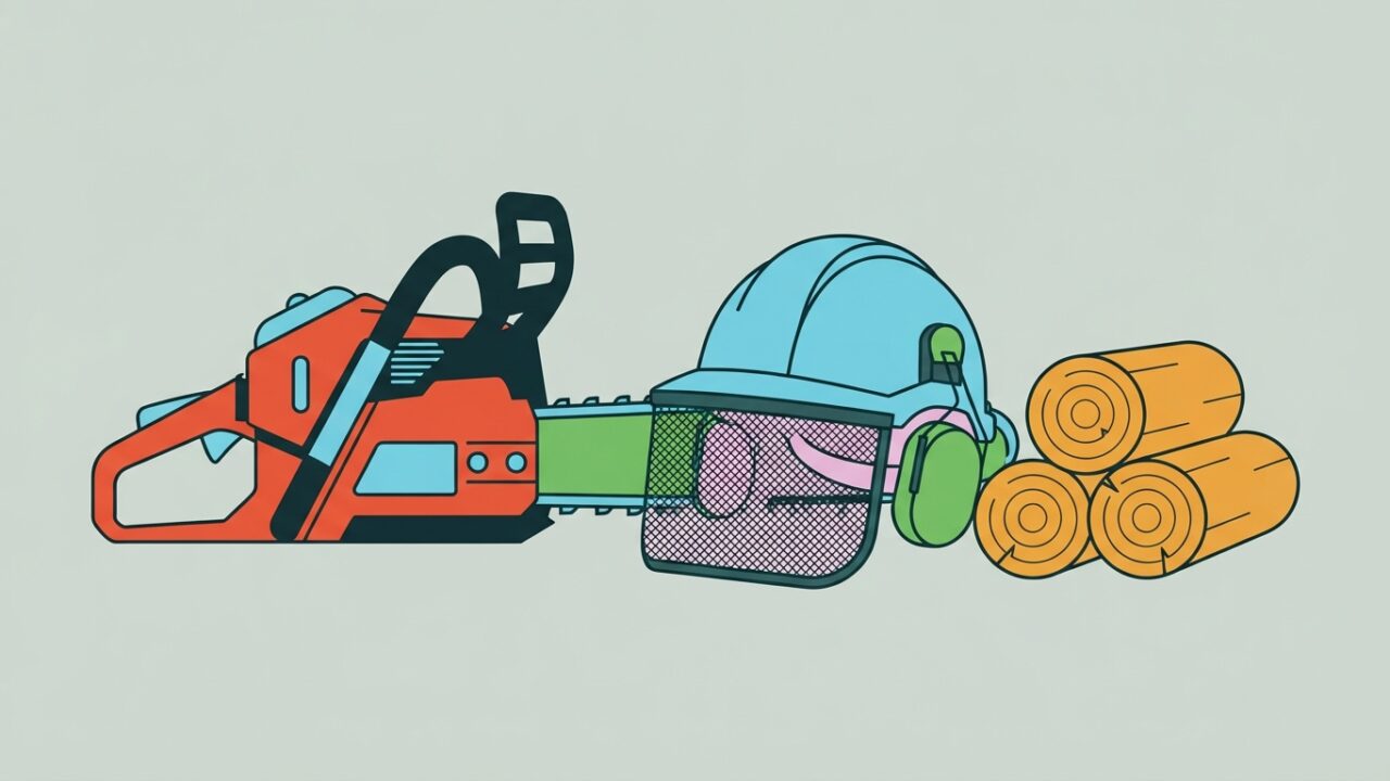 Tronçonneuse, casque et bûches pour devenir bûcheron