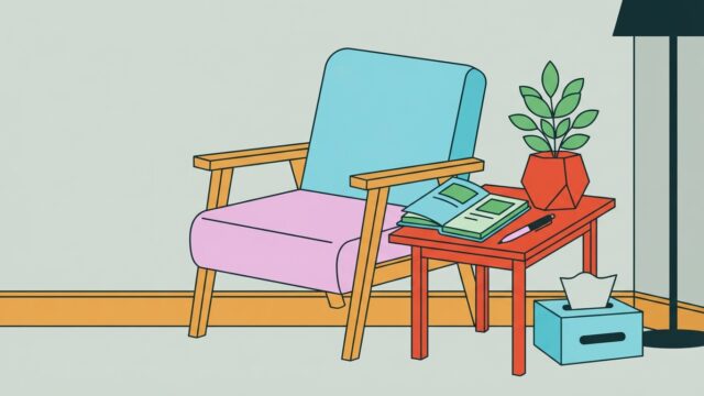 Cabinet de psychopraticien avec fauteuil, plante et bloc-notes